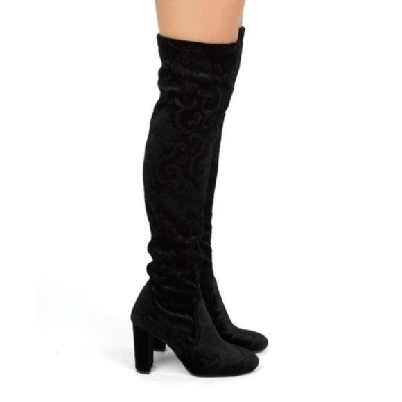 5.5/6/6.5/7 Black embroidered over the knee boots chunky block heel velvet - Picture 4 of 8